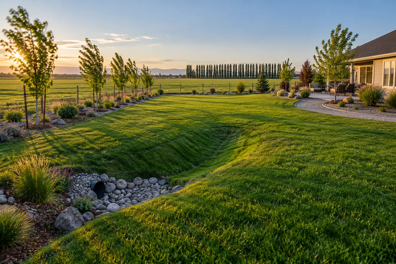 Small acreage yard near Lake Lowell in Nampa, Idaho with a grassy drainage swale, lawn irrigation, and drip-fed windbreak trees