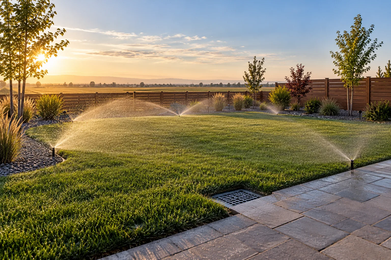 Rotor sprinklers watering a new lawn beside a catch basin and drip-irrigated beds in a Nampa, Idaho backyard