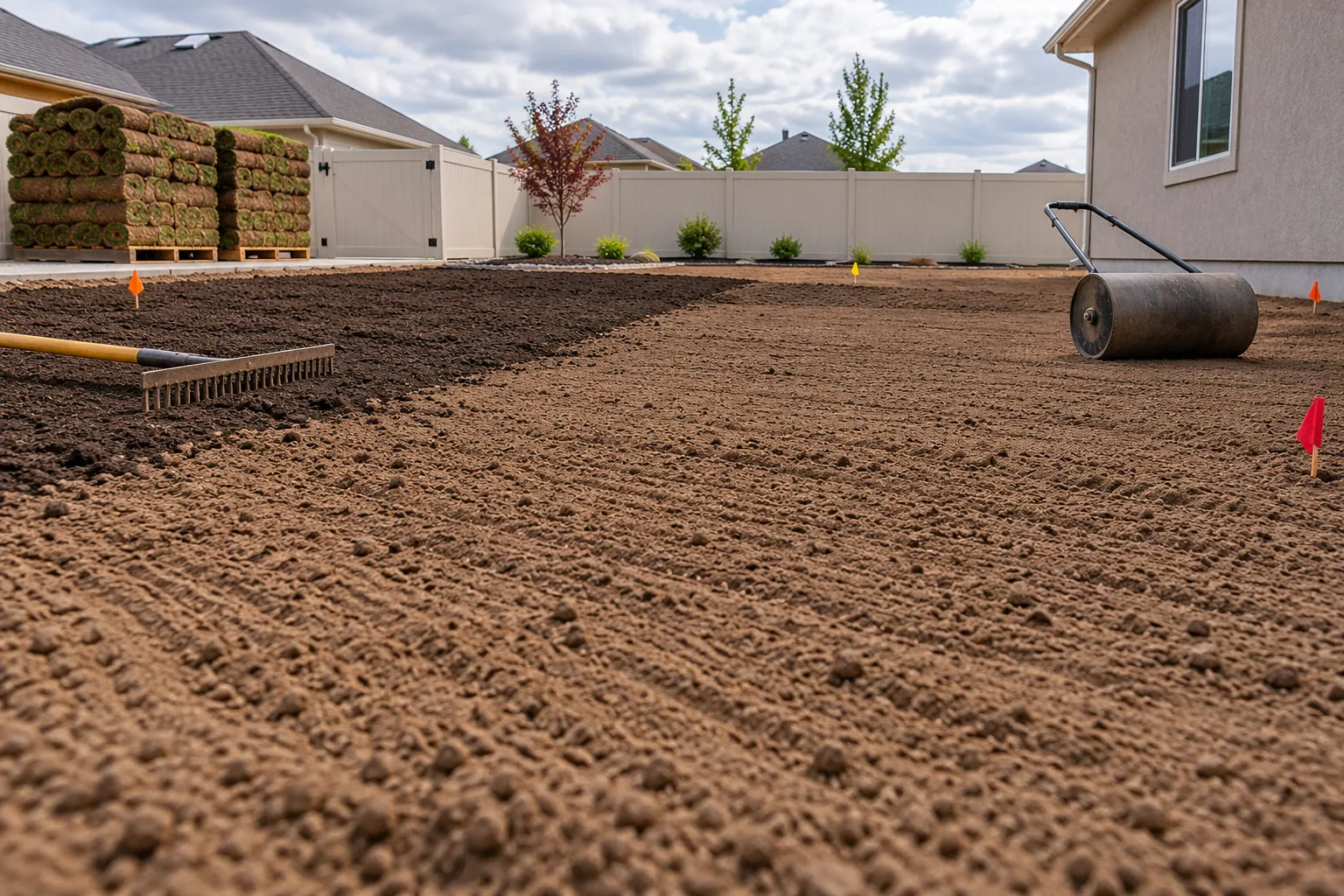 Soil prep and fine grading for sod installation on a new build lot in Nampa, Idaho
