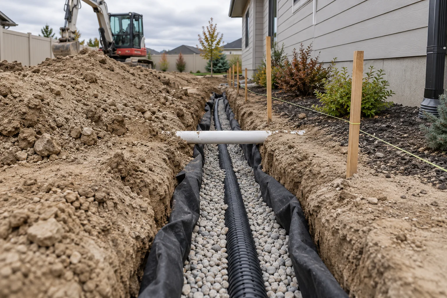 French drain trench with perforated pipe, gravel, and irrigation sleeve in silty soil at a Nampa, Idaho home