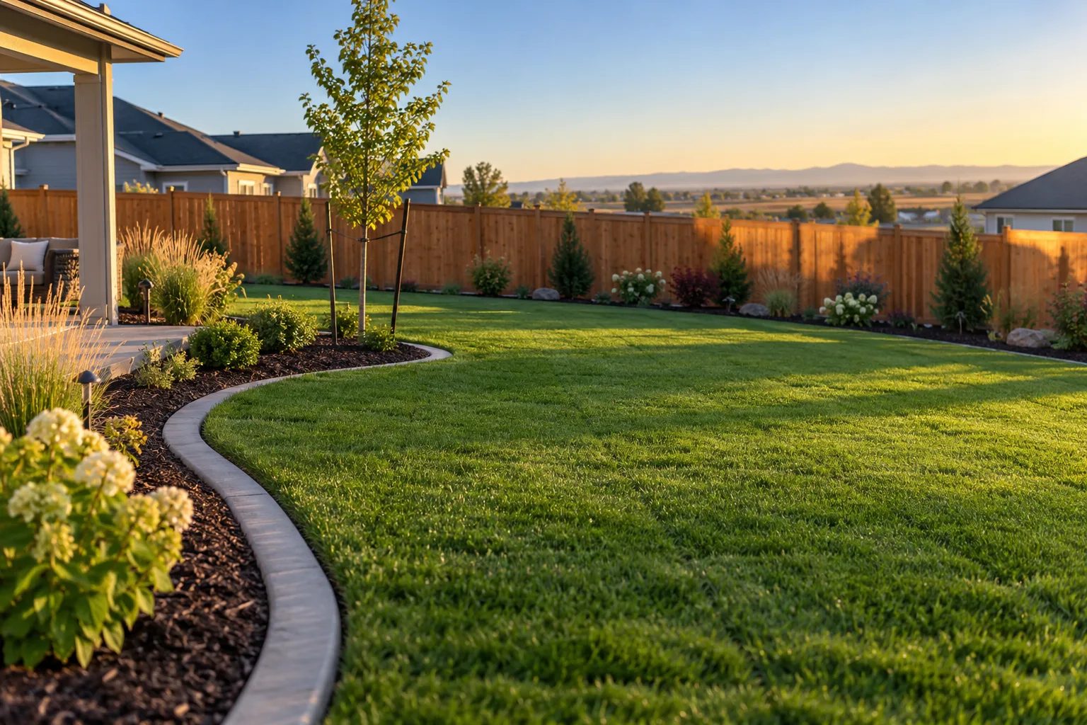 New sod lawn with curved planting beds and concrete curbing in a Nampa, Idaho backyard