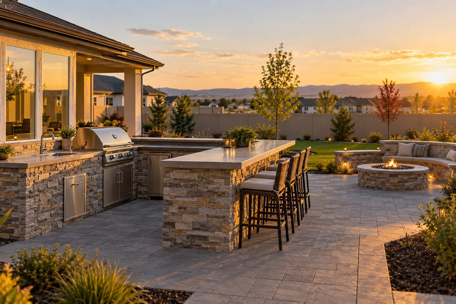 Stone veneer outdoor kitchen island with built-in grill and gas fire pit on a paver patio in Nampa, Idaho