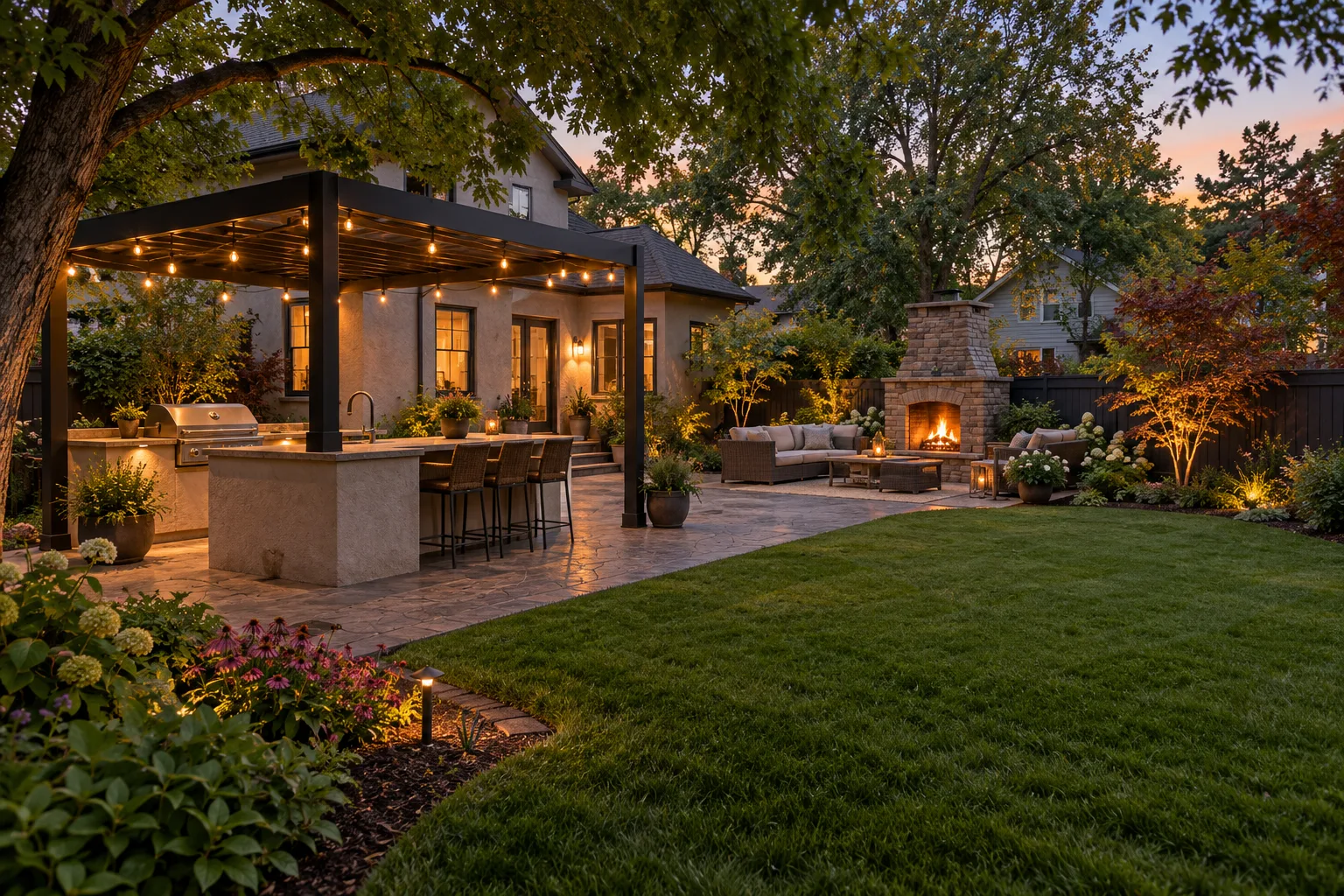 Outdoor kitchen under a metal pergola with masonry fireplace in a mature Downtown Nampa, Idaho backyard
