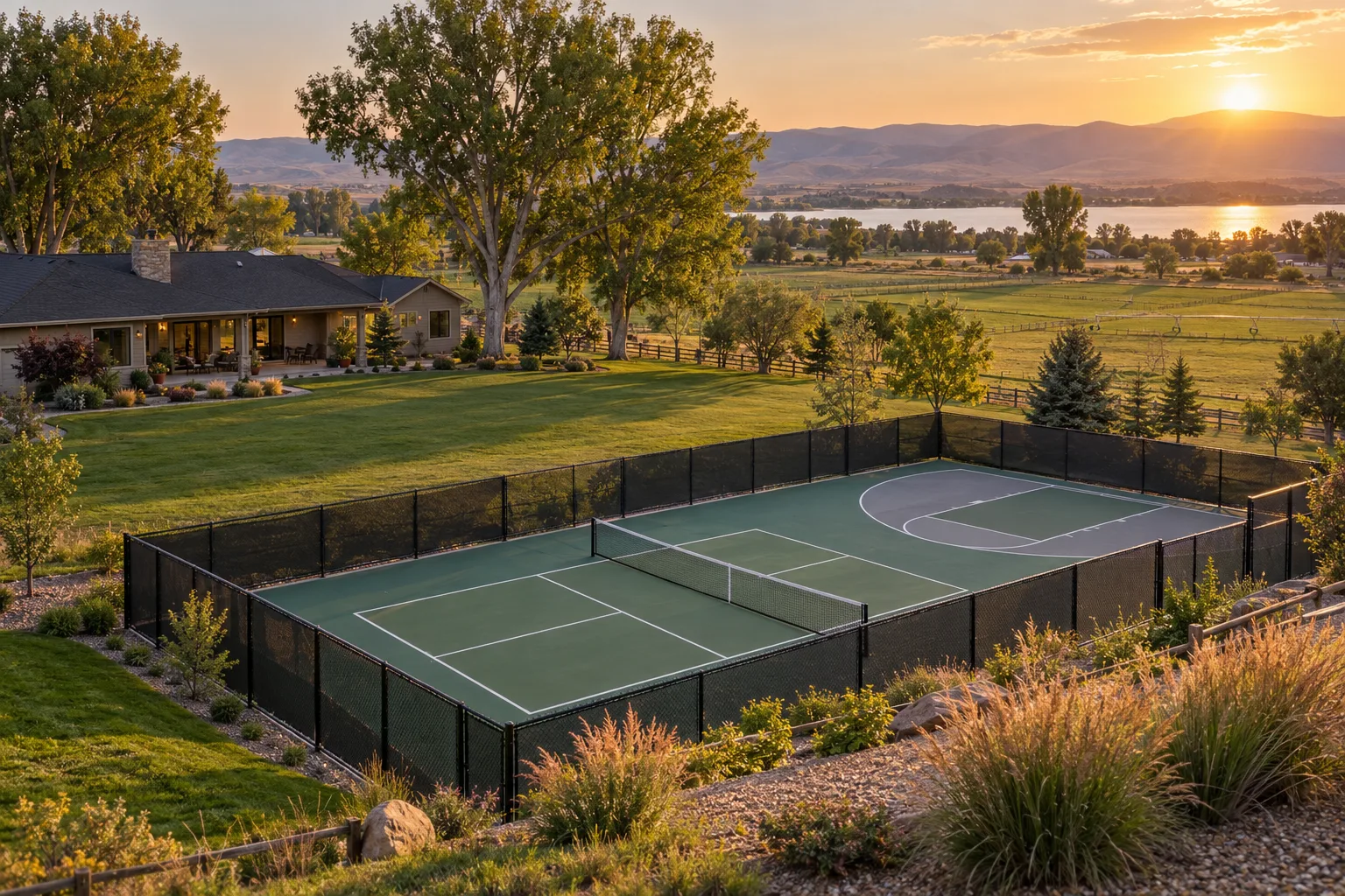 Multi-use backyard sport court with pickleball lines and half court area on a small acreage lot near Lake Lowell, Nampa, Idaho