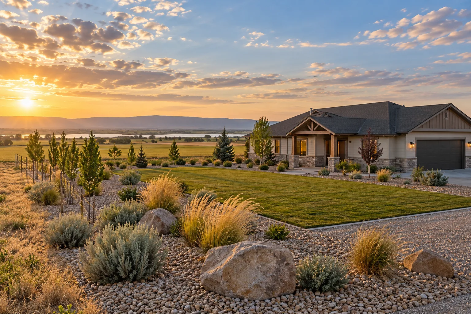Low-water xeriscape front yard with rock, boulders, and a small lawn near Lake Lowell in Nampa, Idaho