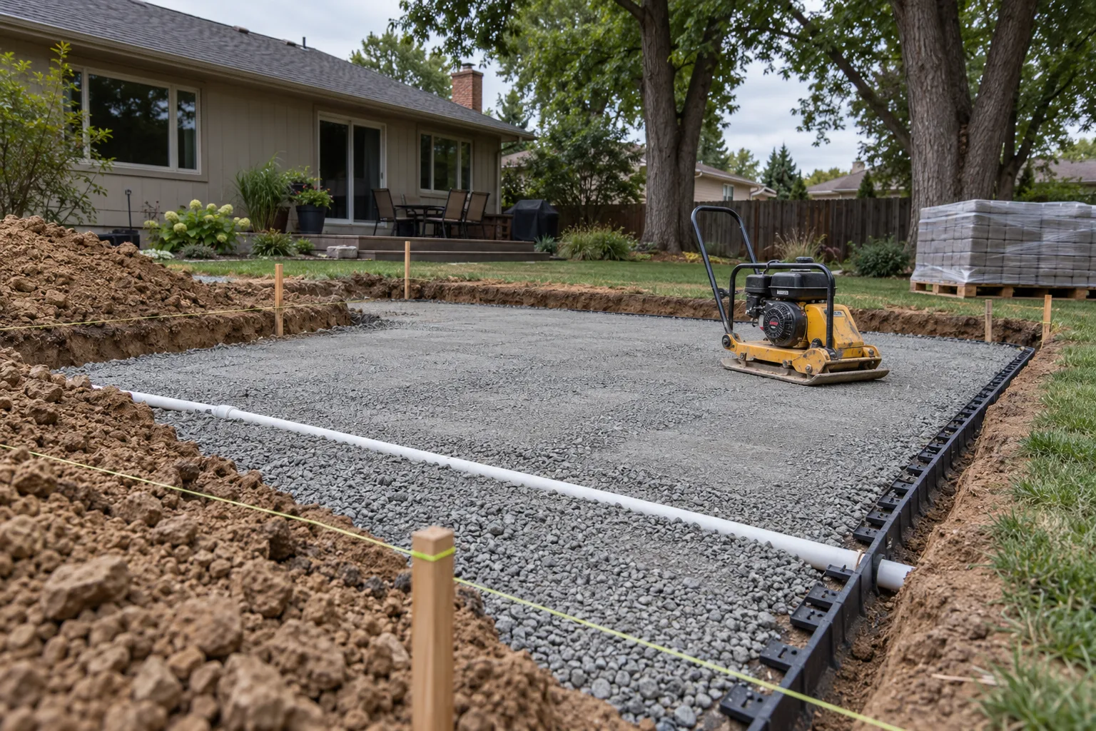 Compacted gravel base and irrigation sleeve for a paver patio installation in Nampa, Idaho