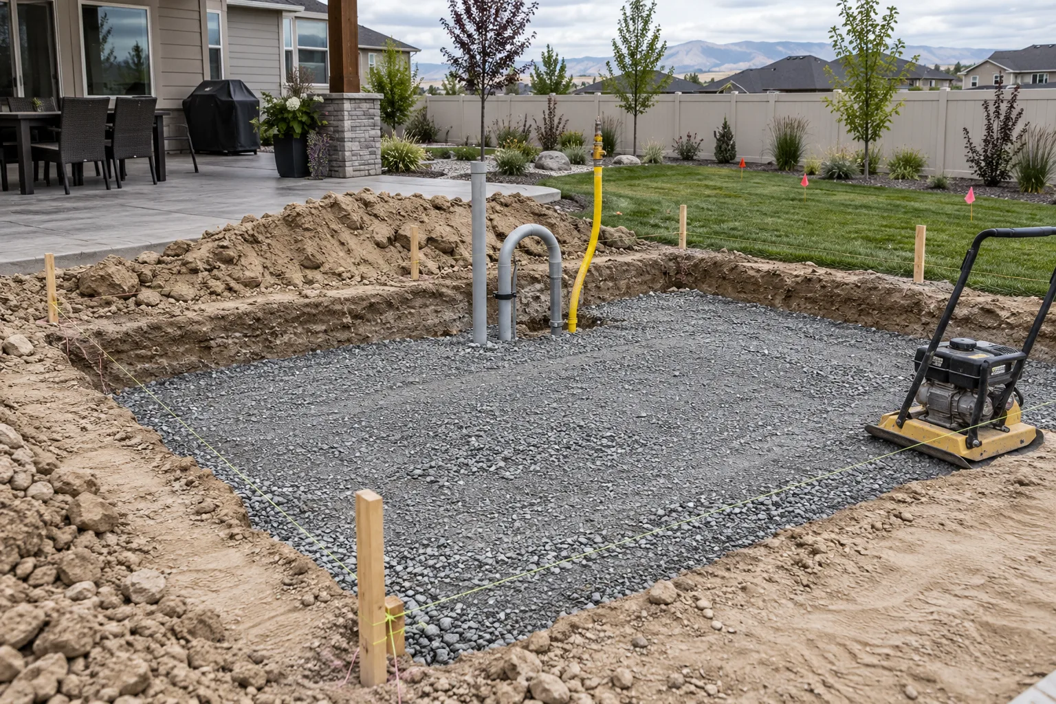 Compacted gravel base with gas and electrical conduit stub-ups for an outdoor kitchen in Nampa, Idaho