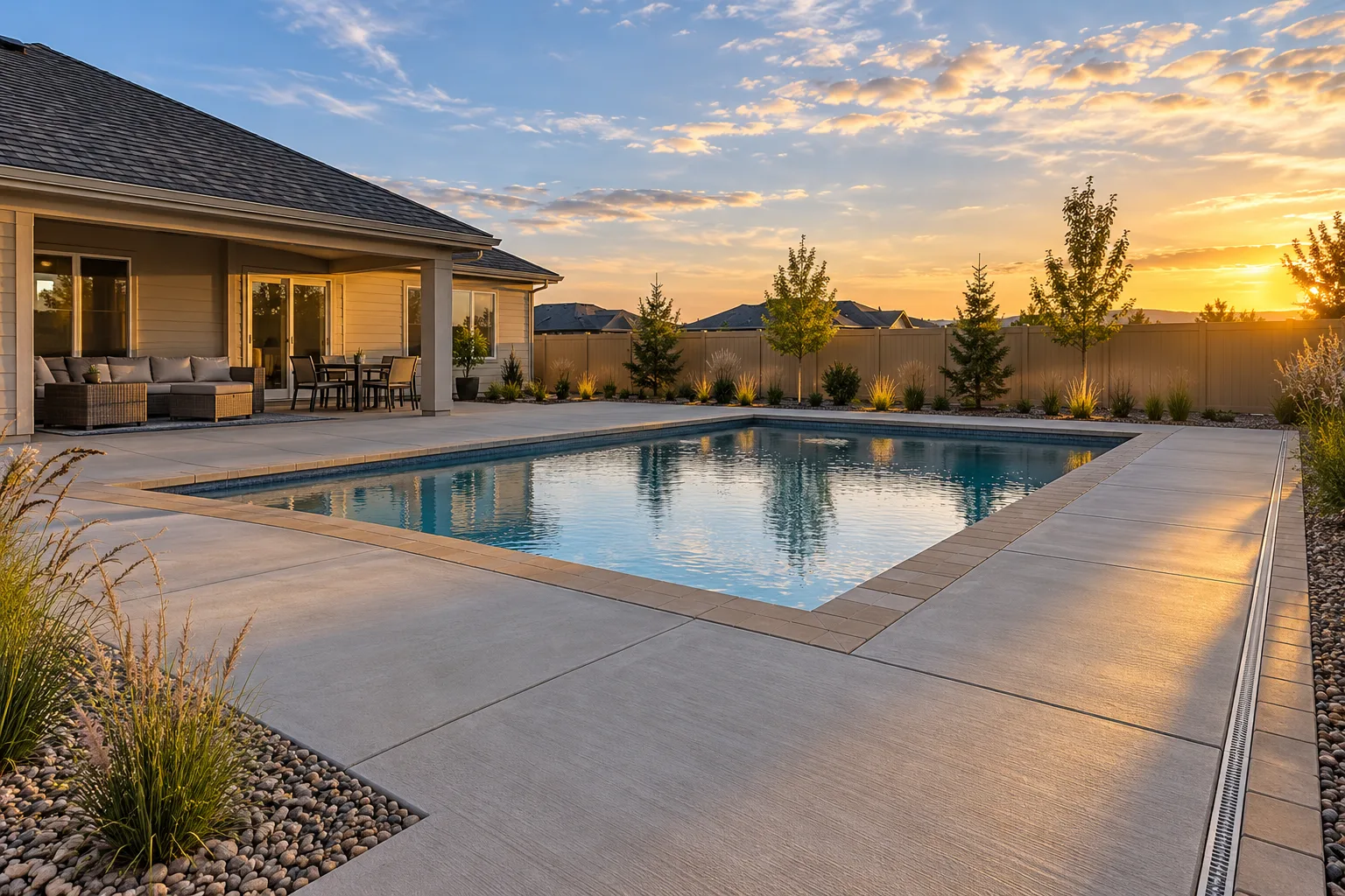 Concrete pool deck with paver border and channel drain around an in-ground pool in Nampa, Idaho backyard