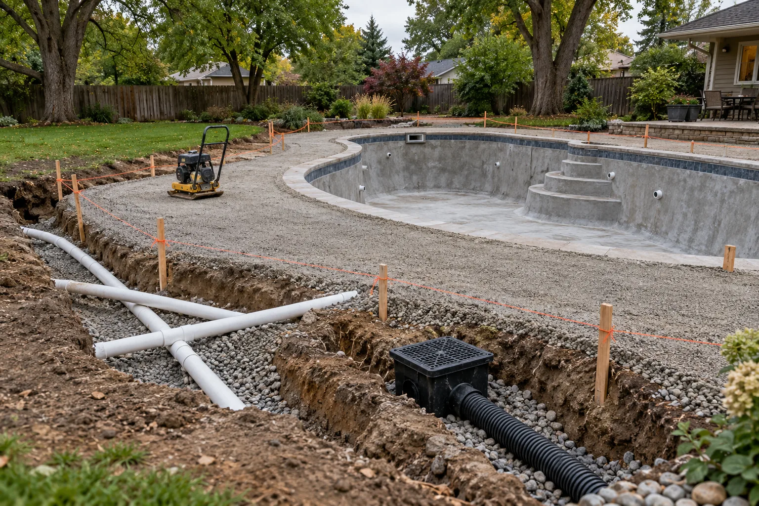 Pool site prep in Nampa, Idaho with compacted gravel base, PVC sleeves, and catch basin around a pool under construction