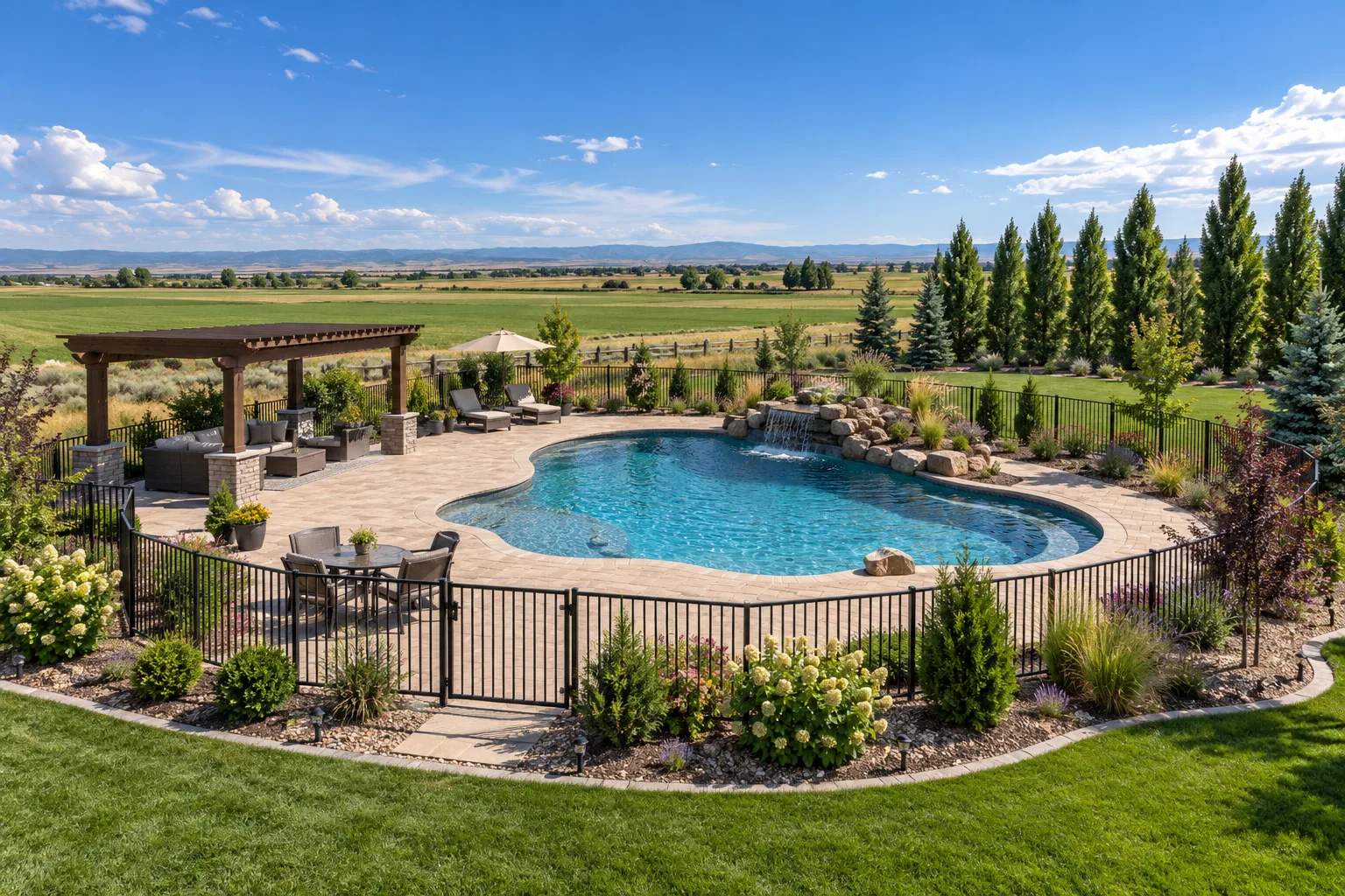 Paver pool deck with metal pool fence, pergola, and windbreak trees on acreage near Lake Lowell, Nampa, Idaho