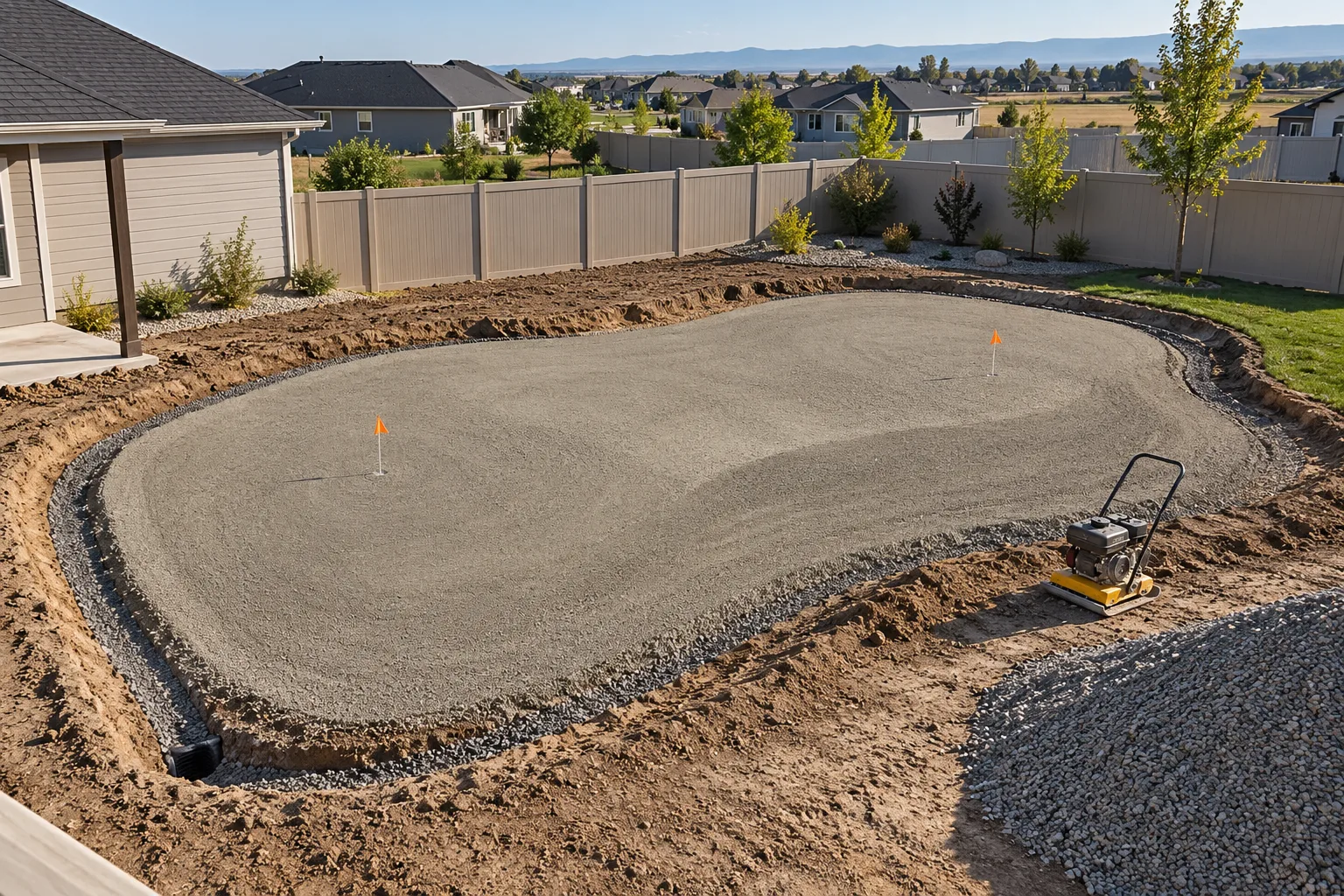 Putting green base preparation in Nampa, Idaho, showing shaped aggregate and perimeter drainage work