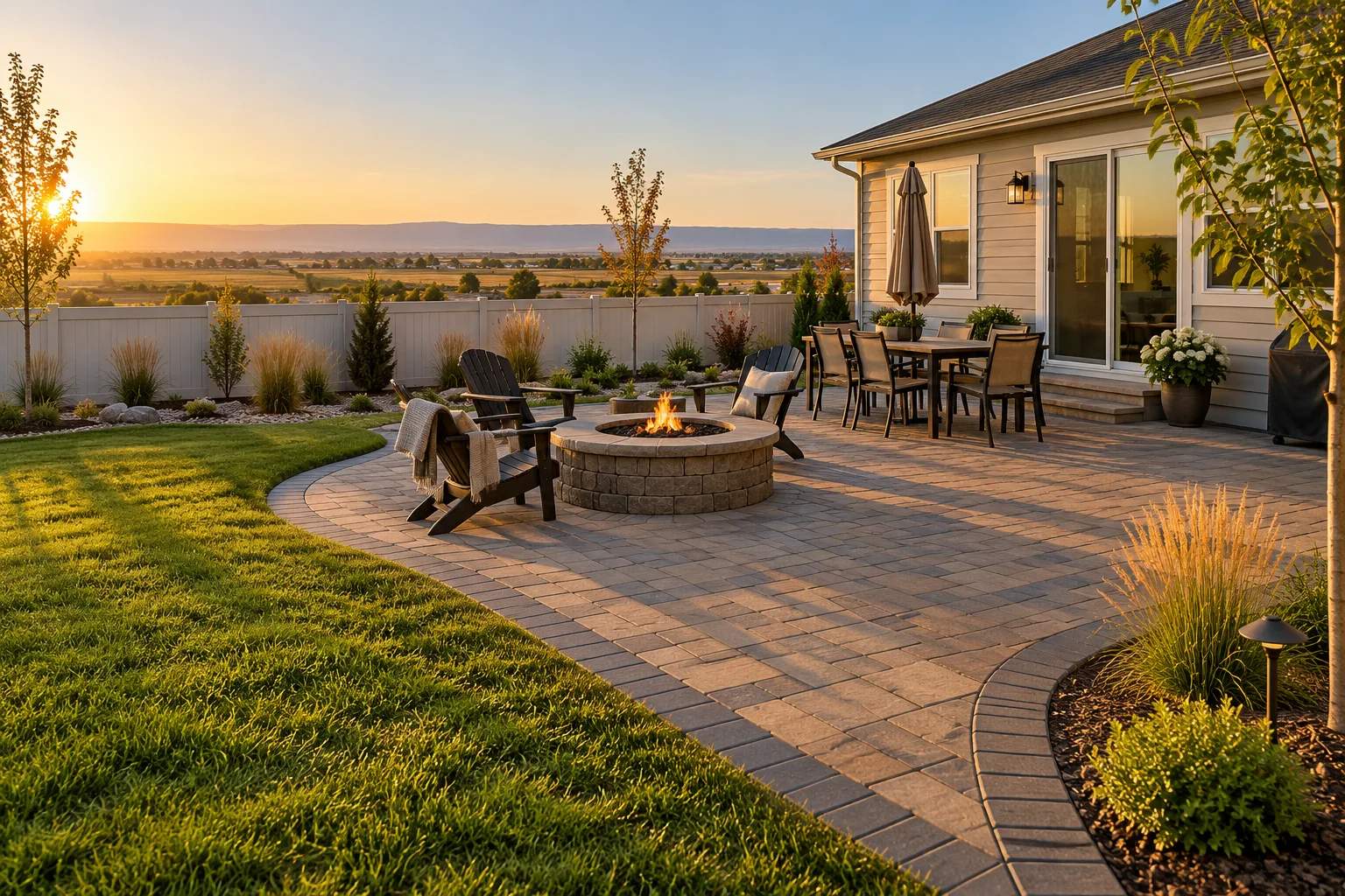 Finished concrete paver patio with fire pit behind a home in a newer Nampa, Idaho subdivision
