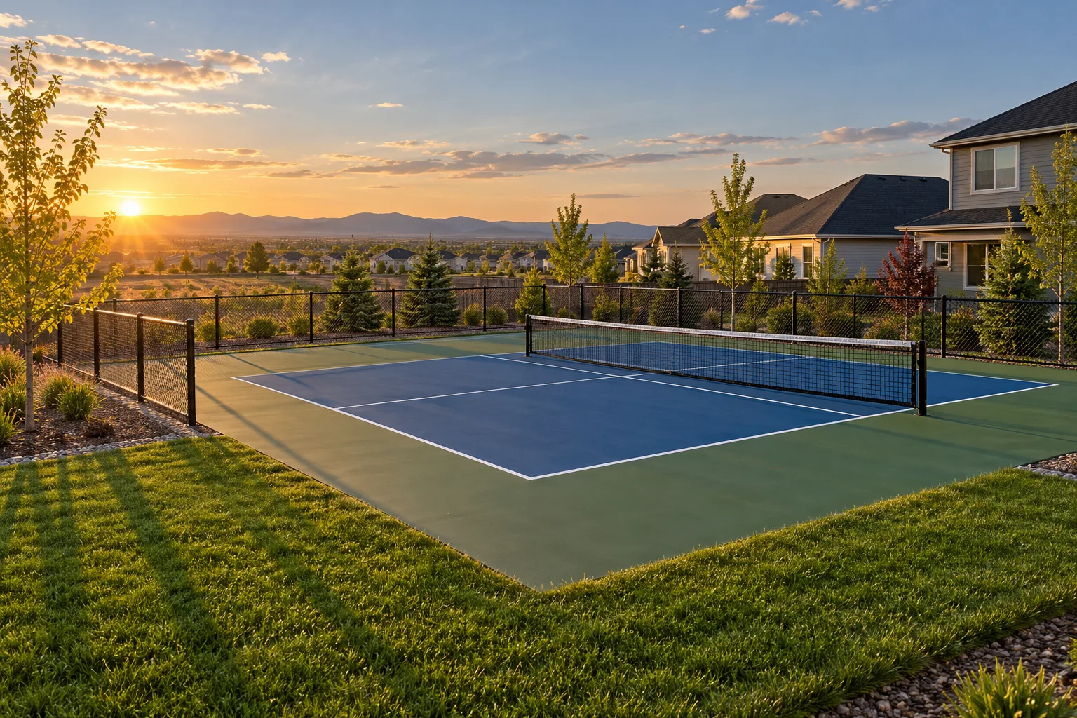 Finished backyard pickleball court with net and perimeter fence in a newer Nampa, Idaho subdivision