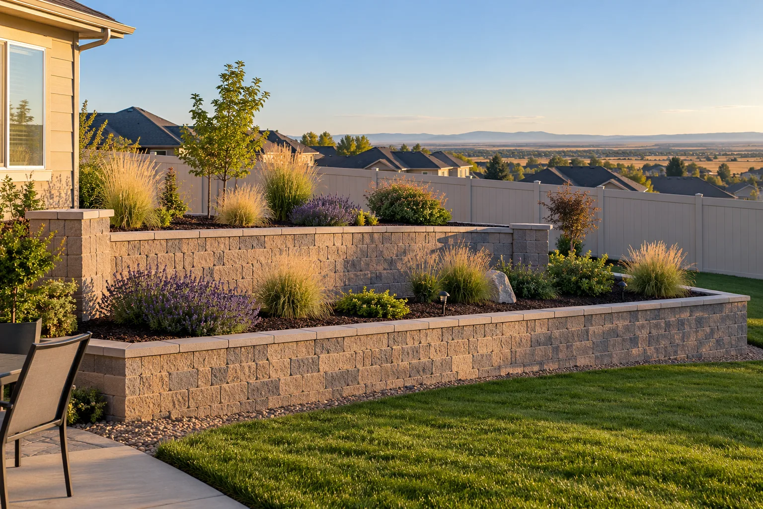 Tan segmental block retaining wall with cap stones and planted beds in a Nampa, Idaho backyard