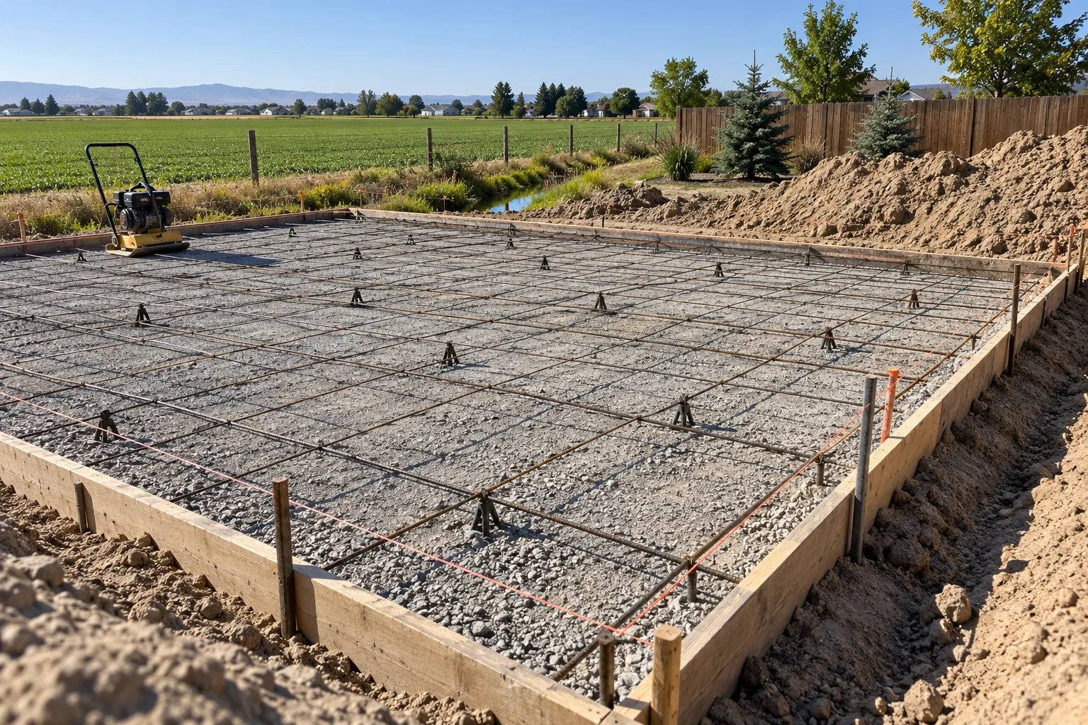 Sport court slab construction in Nampa, Idaho showing compacted base, rebar grid, and forms before the pour