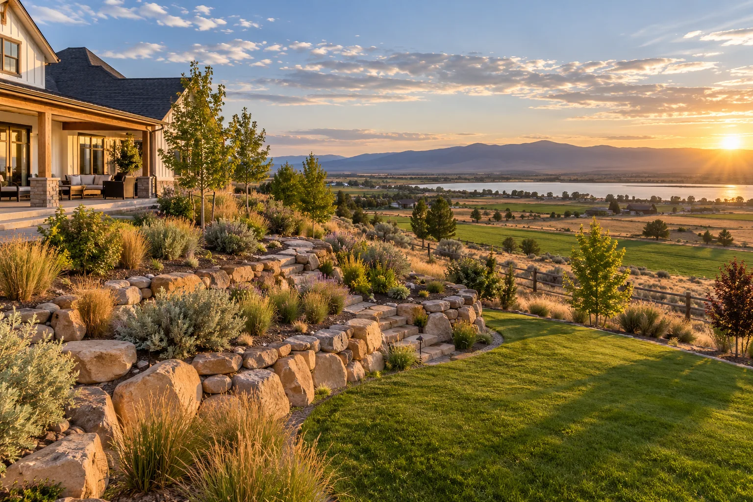 Boulder retaining walls terracing a rural acreage yard near Lake Lowell in Nampa, Idaho