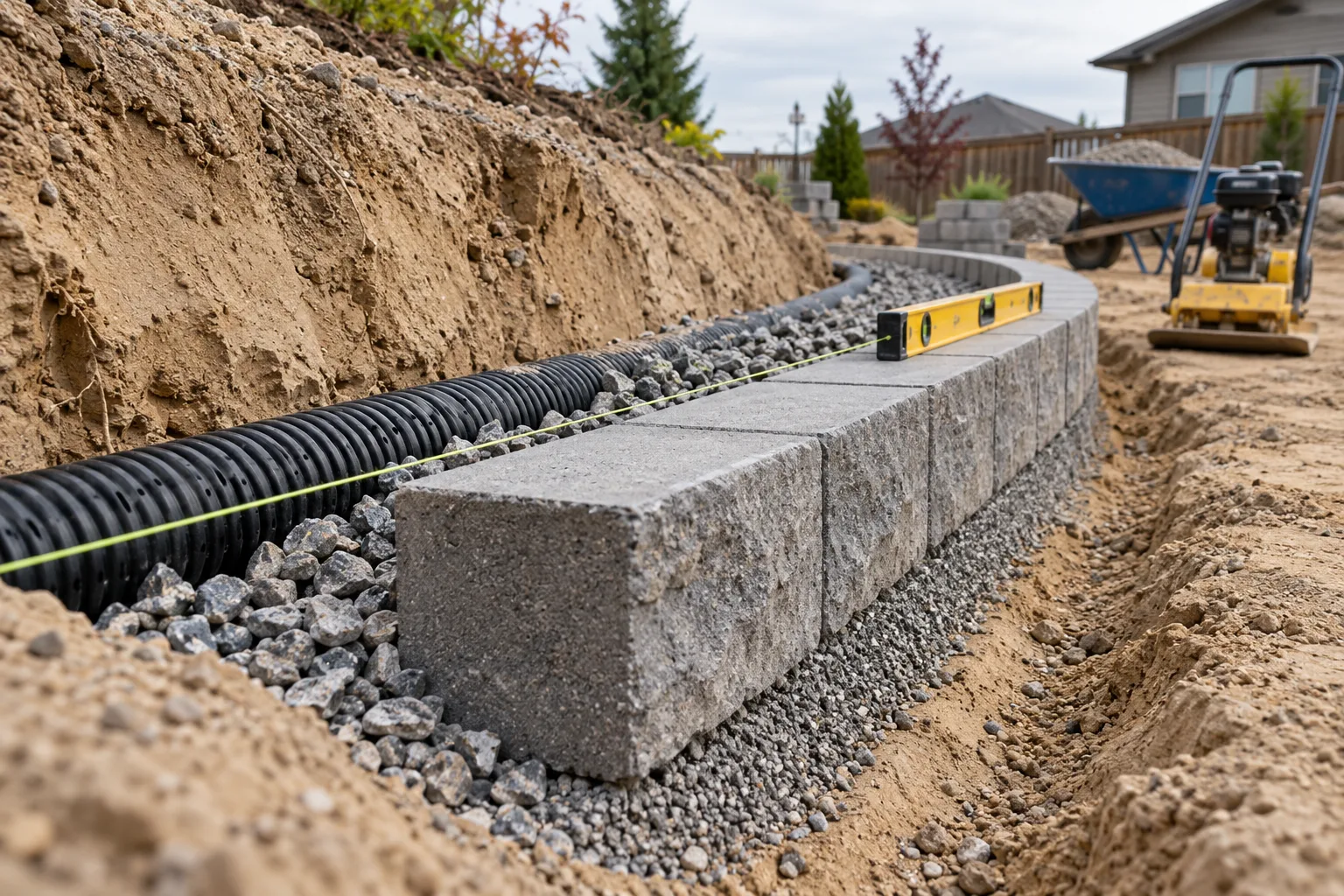 Retaining wall construction in Nampa, Idaho showing compacted base, first block course, drain pipe, and drainage aggregate