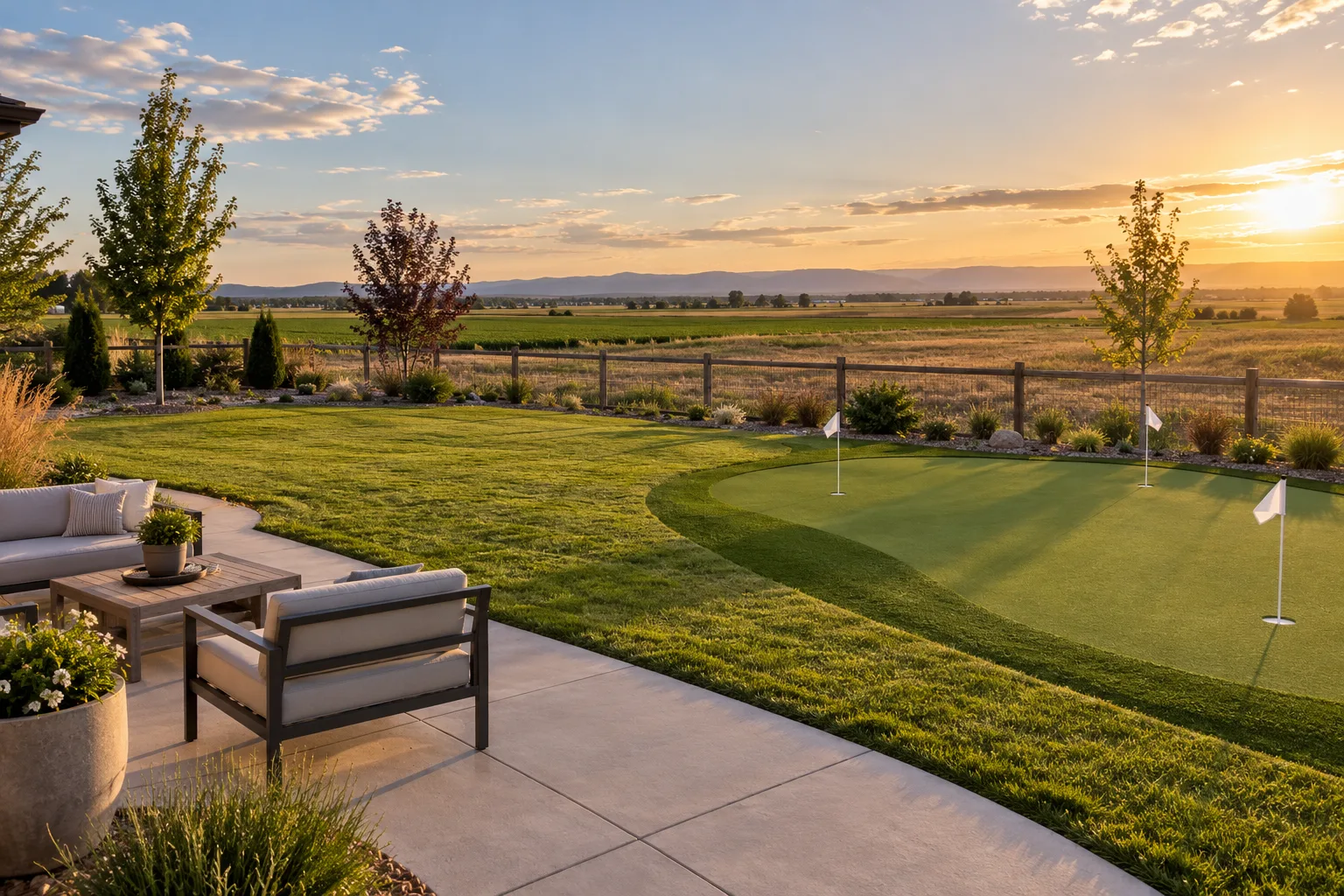 Wide Nampa, Idaho, backyard putting green with cups, flags, fringe, patio, and open lawn near Lake Lowell