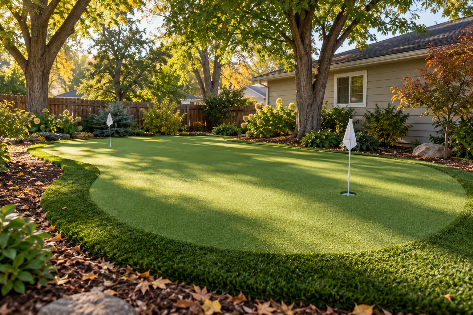 Backyard putting green installation in Nampa, Idaho, with gentle breaks, cups, flags, and a curved fringe