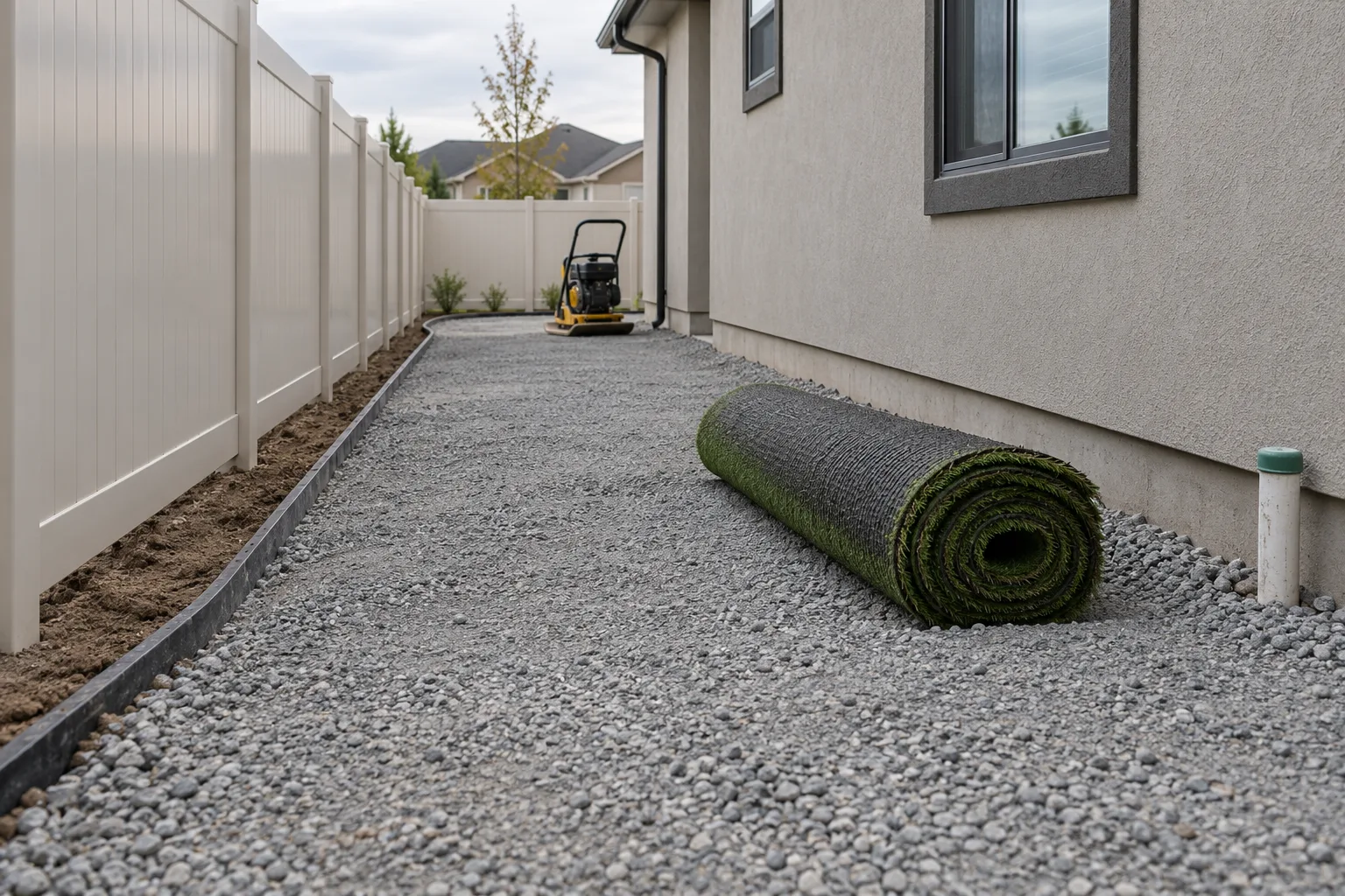 Compacted aggregate base and edging prepared for artificial turf in a Nampa, Idaho side yard