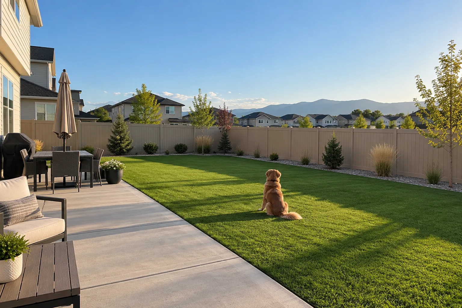 Pet-friendly artificial turf installation in a fenced backyard of a newer Nampa, Idaho subdivision home