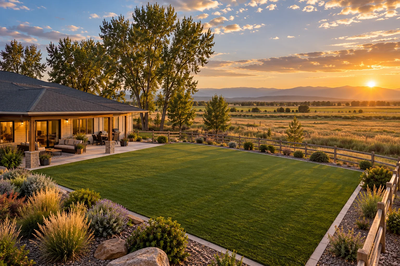 Wide view of an artificial turf area beside a home on small acreage near Lake Lowell in Nampa, Idaho