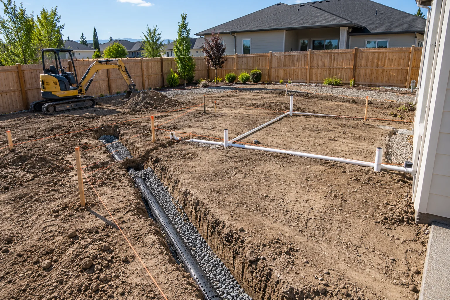 Backyard renovation in progress in Caldwell, Idaho with drainage trenches, irrigation pipe, and graded silt soil