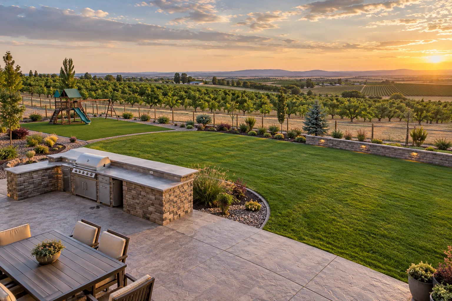 Wide view of a renovated acreage backyard in Caldwell, Idaho with outdoor kitchen, lawn, turf, and orchard beyond
