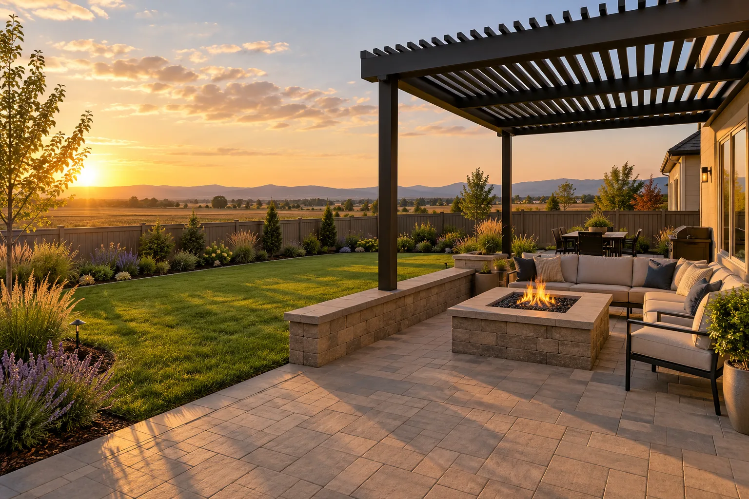 Renovated backyard in Caldwell, Idaho with paver patio, pergola, fire pit, and new sod at golden hour