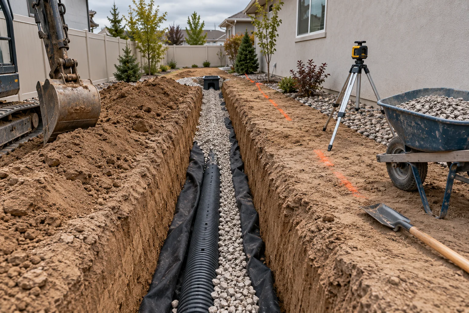 French drain trench with perforated pipe and gravel being installed in a Caldwell, Idaho side yard