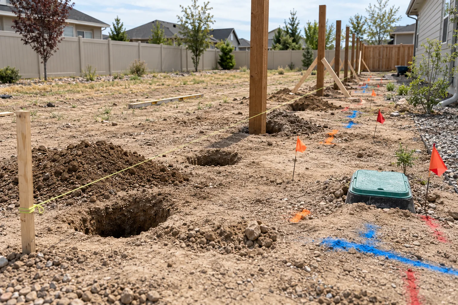 Fence post holes and string line in silty soil with utility locate paint marks during fence installation in Caldwell, Idaho