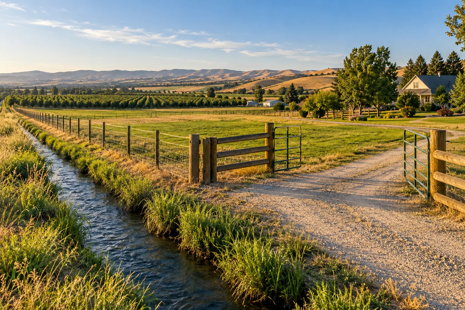 Perimeter fence along an irrigation ditch with a wide equipment gate on rural acreage, fence installation in Caldwell, Idaho
