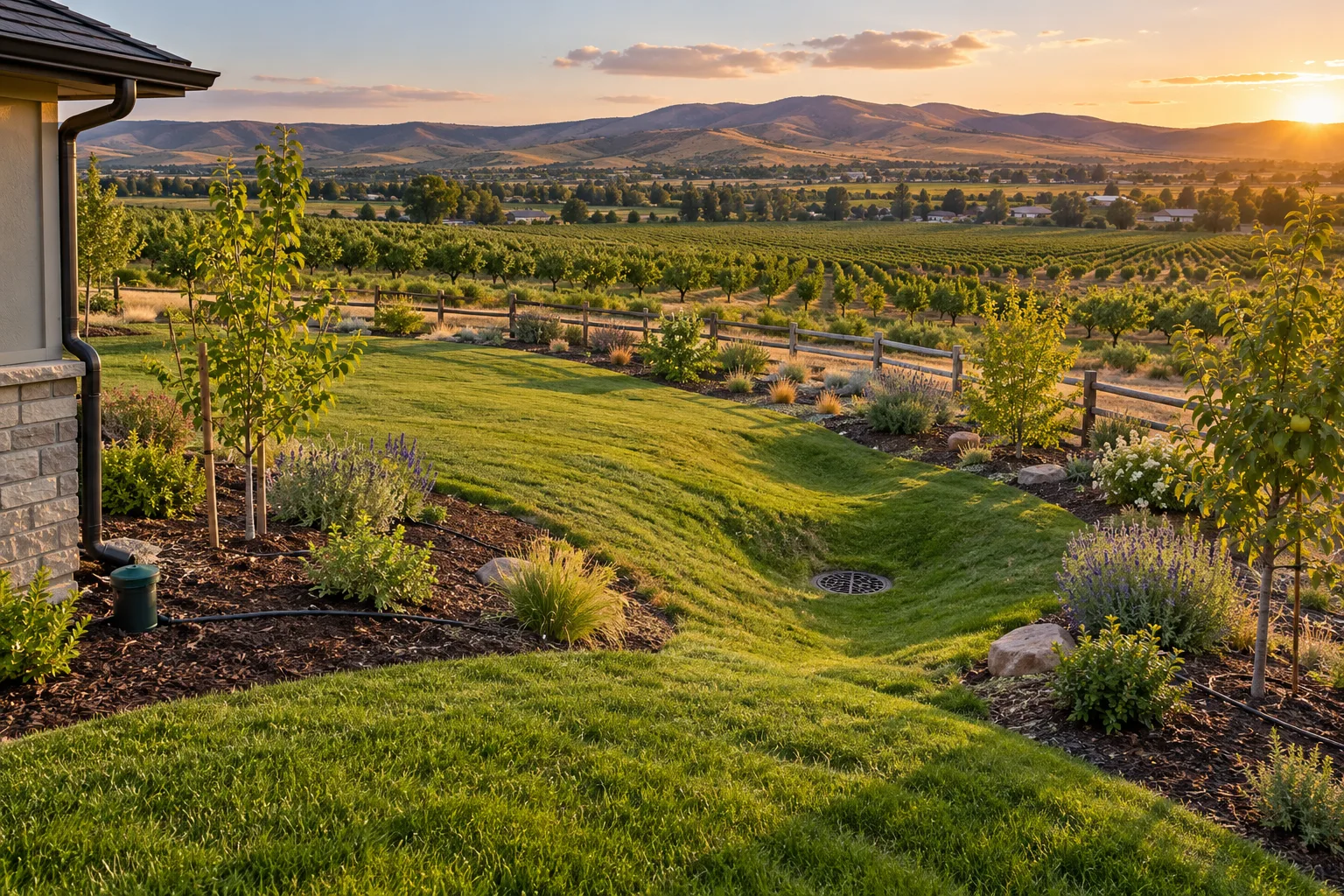 Wide view of a graded Caldwell, Idaho backyard with a drainage swale, catch basin, and drip-irrigated garden beds