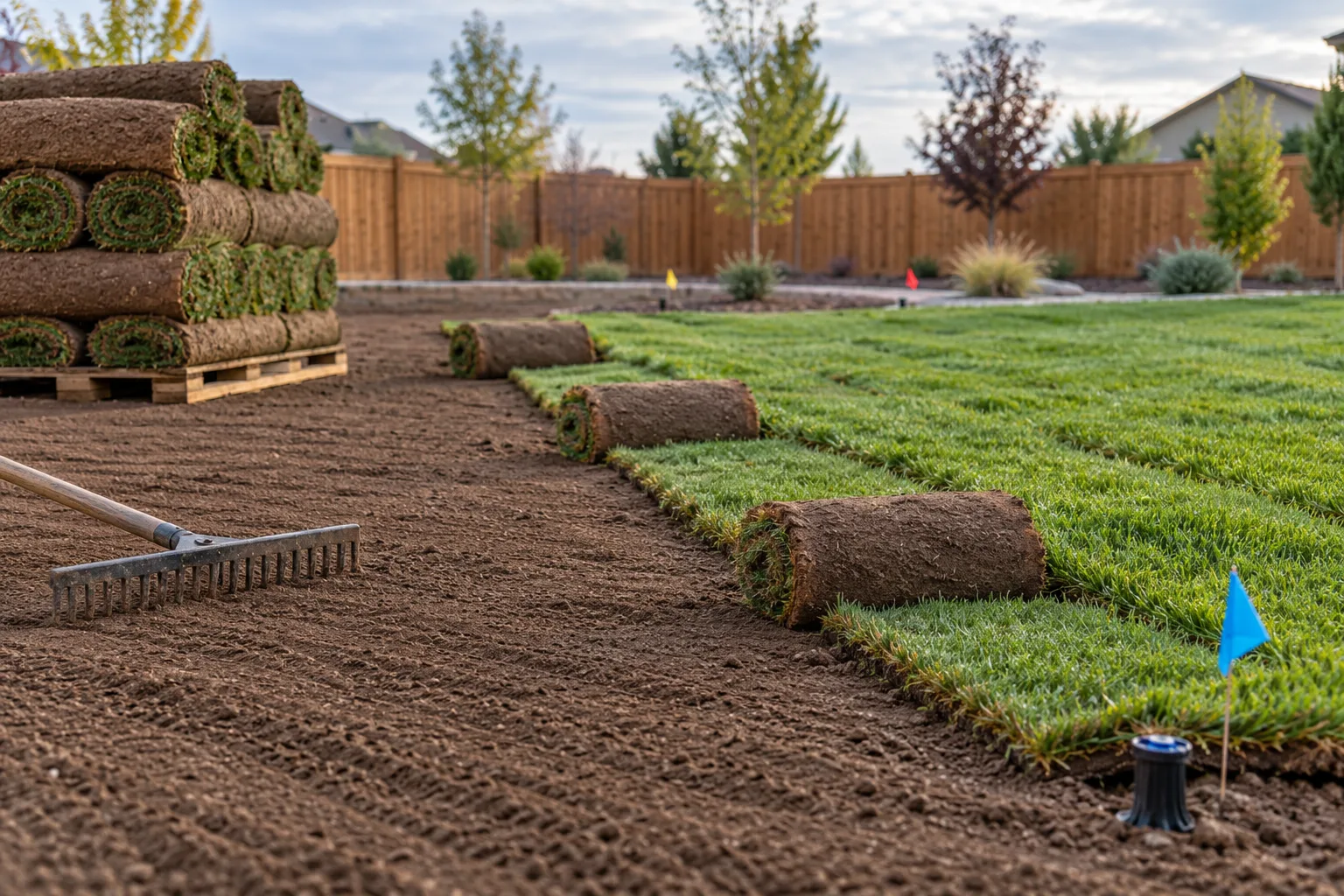 Sod rolls being laid over graded silt soil with irrigation heads flagged, landscaping in Caldwell, Idaho