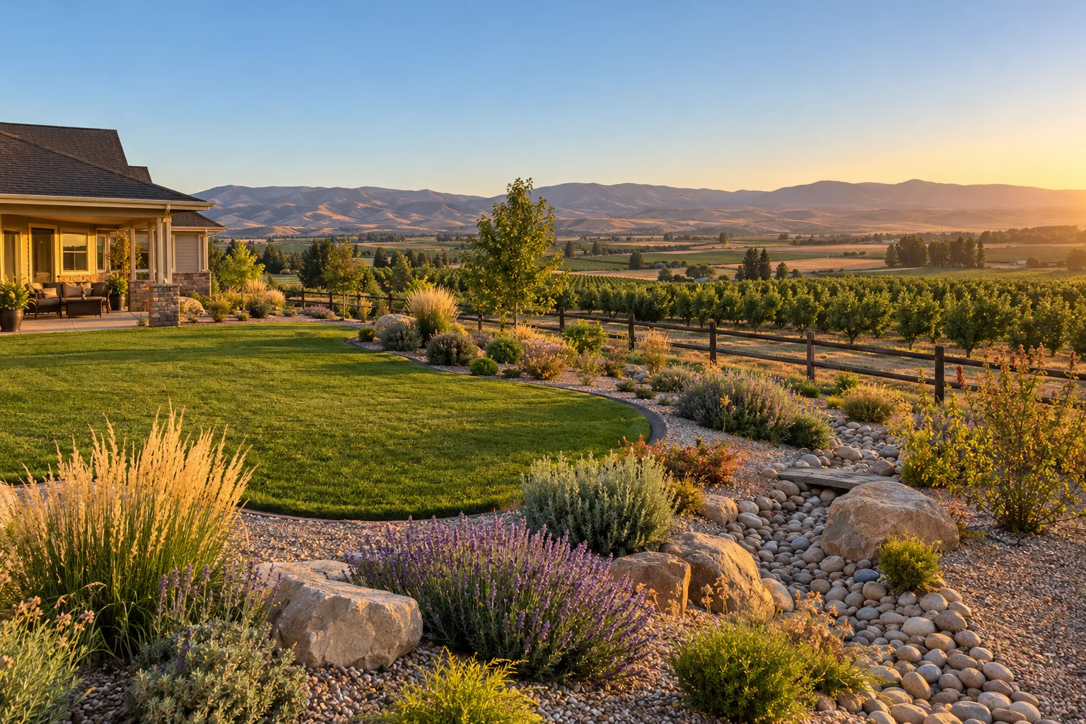 Xeriscape rock beds and a sod lawn on rural acreage near Caldwell, Idaho, with orchard rows beyond