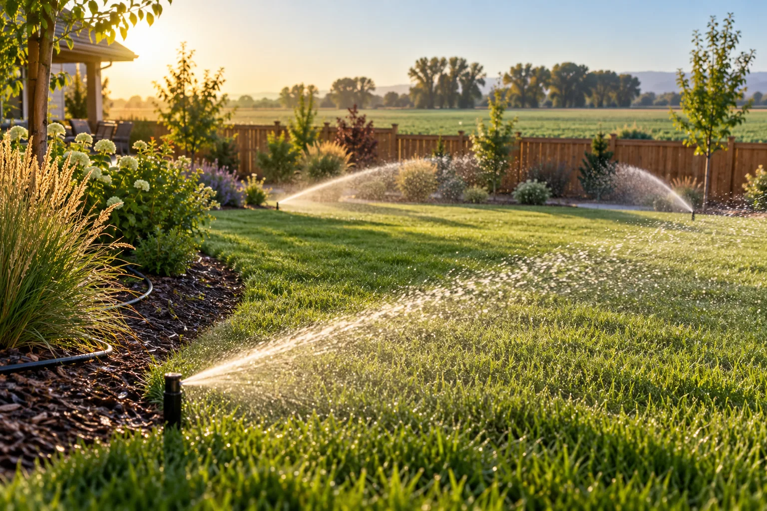 Rotor sprinkler zones watering a green lawn and drip-irrigated beds at a home in Caldwell, Idaho