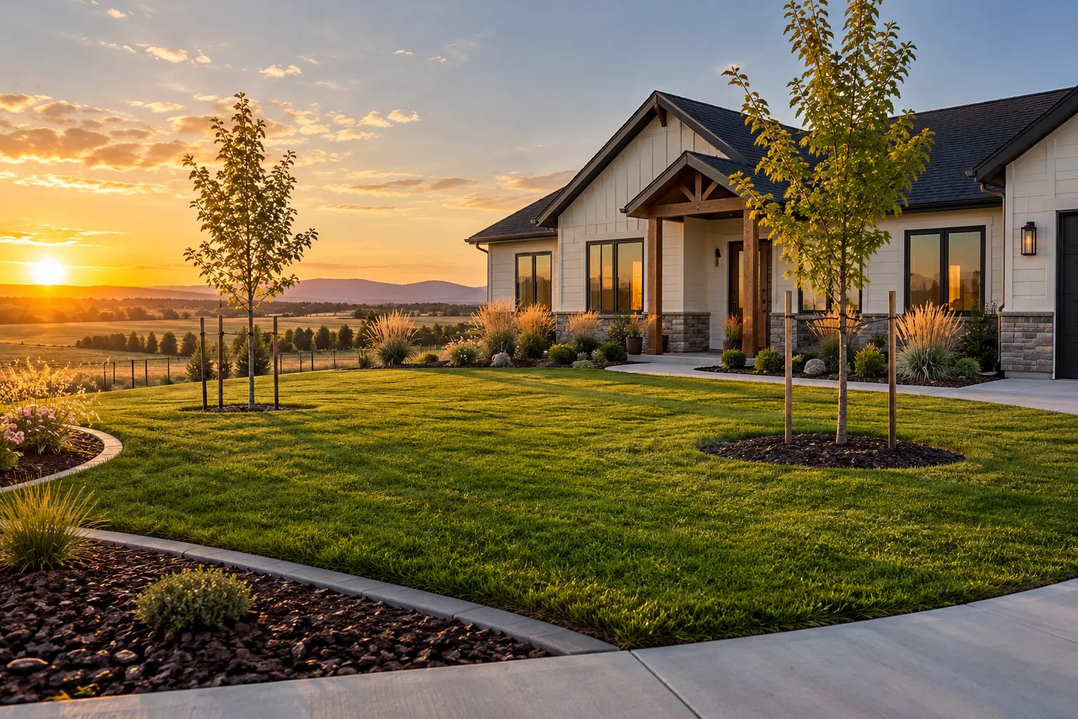 Fresh sod lawn and curbed planting beds in a newer Caldwell, Idaho subdivision front yard