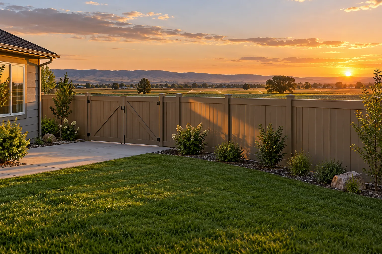 Finished privacy fence with a wide side gate in a newer subdivision backyard, fence installation in Caldwell, Idaho