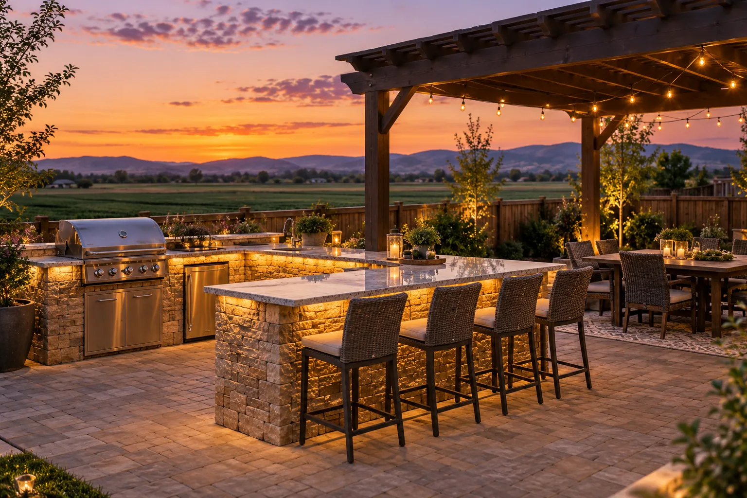 Stone veneer outdoor kitchen island with built-in grill and pergola in a Caldwell, Idaho backyard at dusk