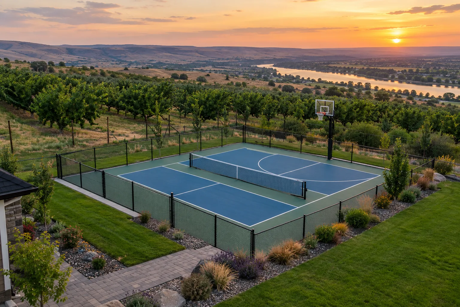 Multi-use sport court with pickleball lines and basketball hoop on acreage near Sunnyslope, Caldwell, Idaho