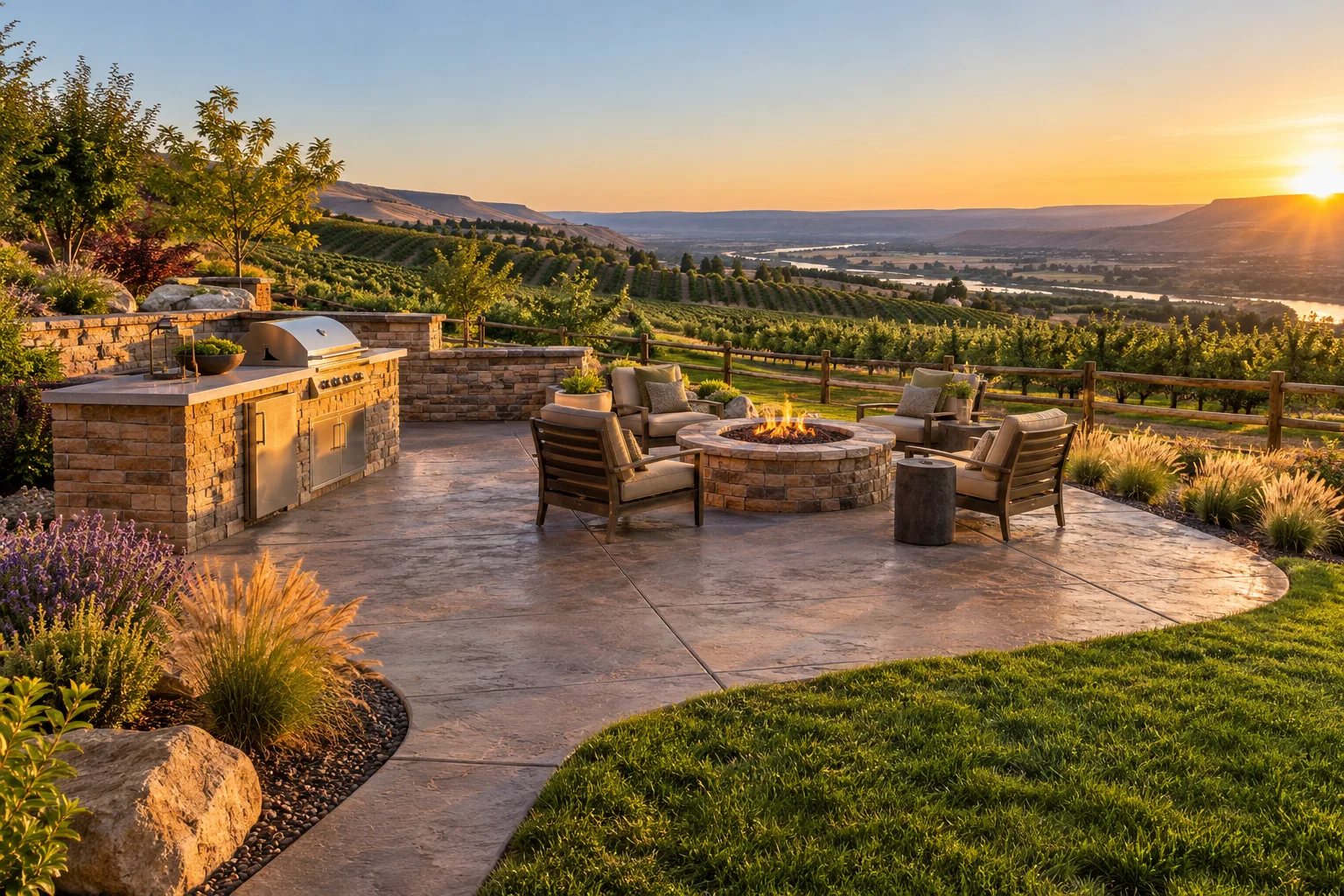 Wide view of a rural Caldwell, Idaho backyard with outdoor kitchen, gas fire pit, and orchard view