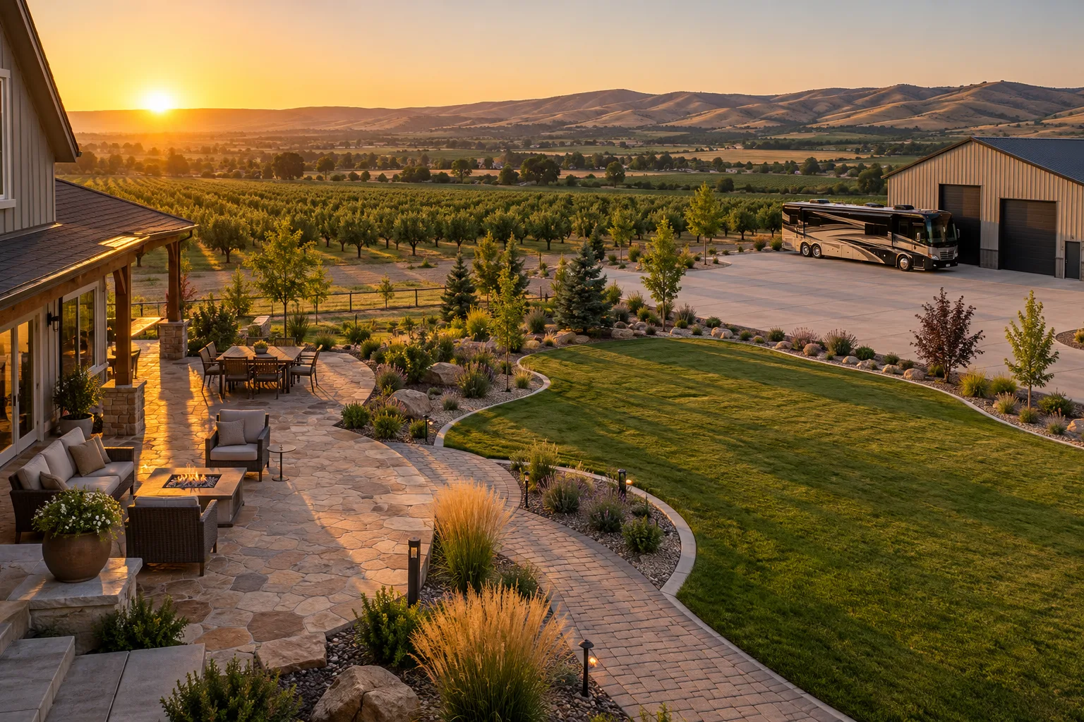 Natural stone patio, paver walkway, and concrete RV pad on rural acreage near Caldwell, Idaho