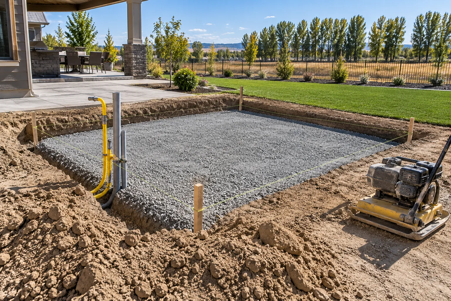 Compacted gravel base and gas line sleeves prepared for an outdoor kitchen island in Caldwell, Idaho