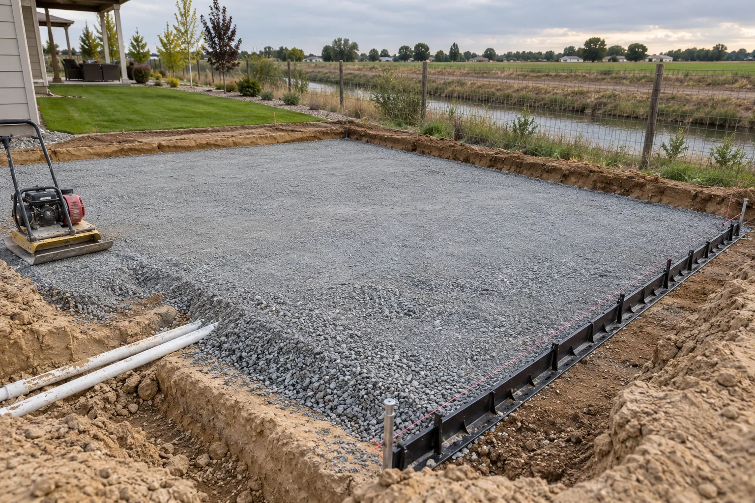 Compacted gravel base, edge restraints, and irrigation sleeves for a paver patio install in Caldwell, Idaho