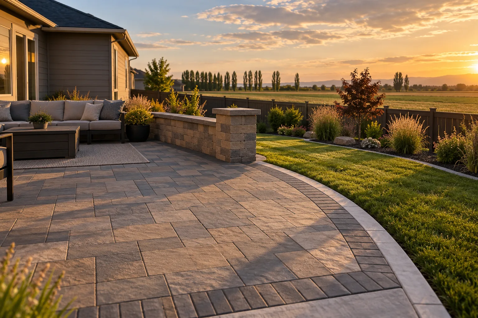 Paver patio with seat wall and concrete curbing behind a home in a Caldwell, Idaho subdivision