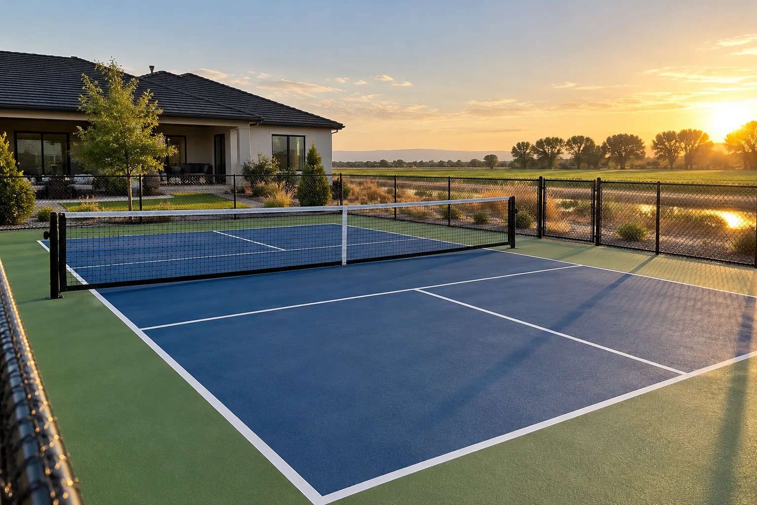 Finished backyard pickleball court with net and black perimeter fencing behind a home in Caldwell, Idaho