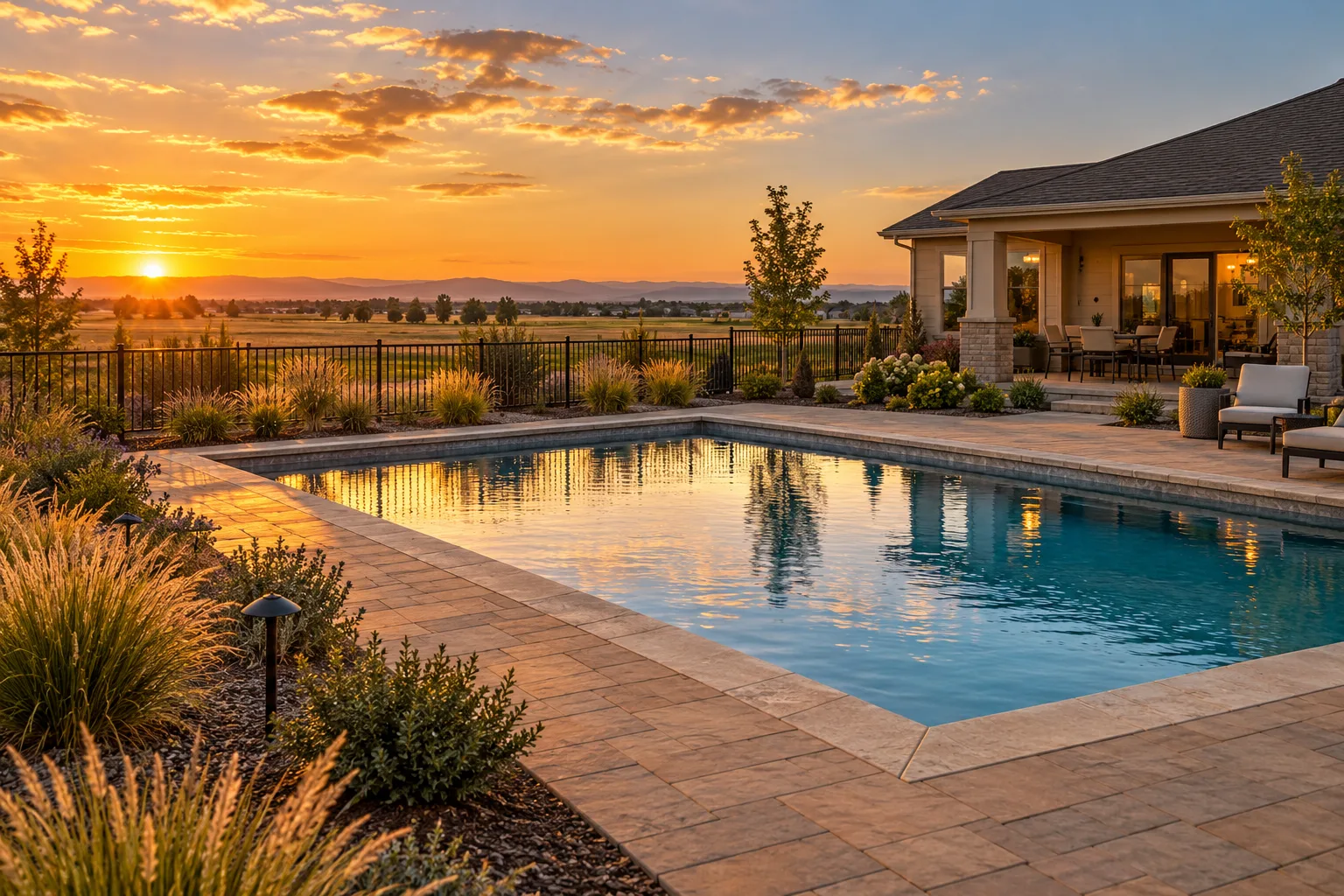 Paver pool deck with natural stone coping and landscaped beds at sunset in Caldwell, Idaho
