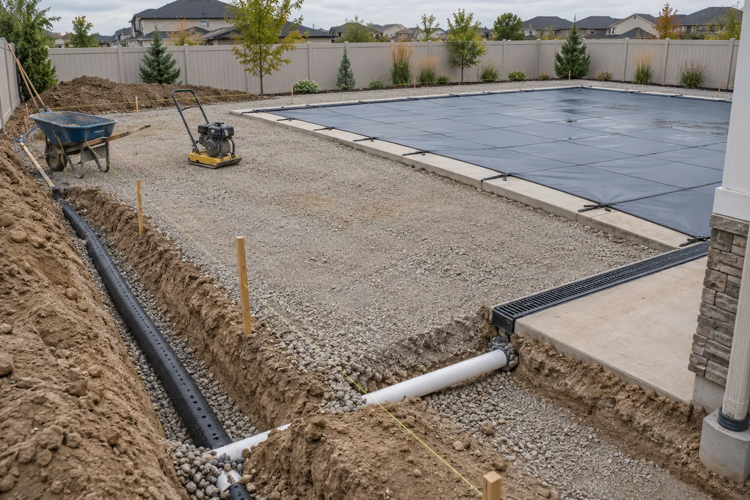Graded and compacted gravel base with channel drain layout around a pool area in Caldwell, Idaho