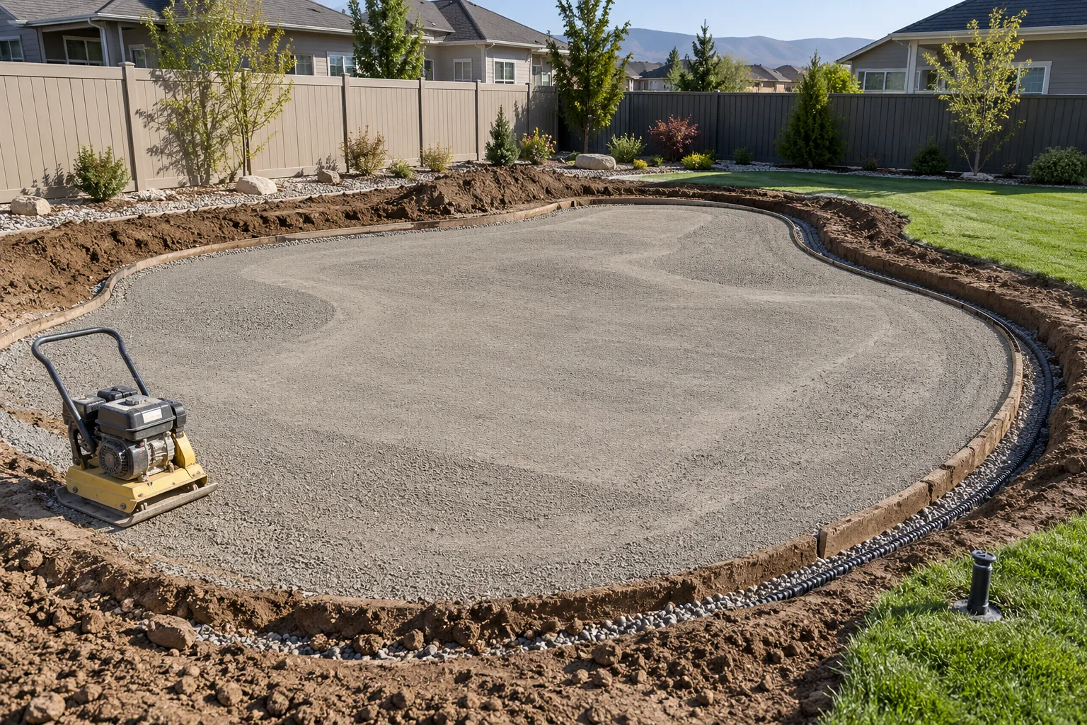 Compacted base and shaped contours during backyard putting green installation in north Caldwell, Idaho