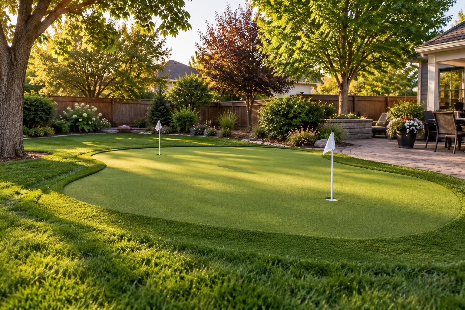 Backyard putting green installation with cups, flags, and fringe near the college in Caldwell, Idaho